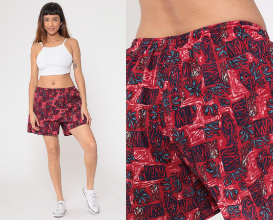 90s Newport Blue Tropical Swim Shorts Red Floral High Rise Medium