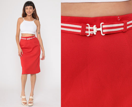 80s Act 3 Red Pencil Skirt White Striped Belt Knee-Length Medium