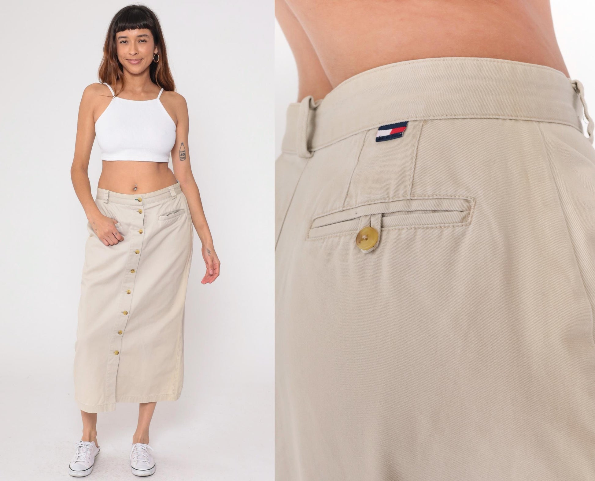 90s Tommy Hilfiger Khaki Skirt Cotton High Waist Button Front Large