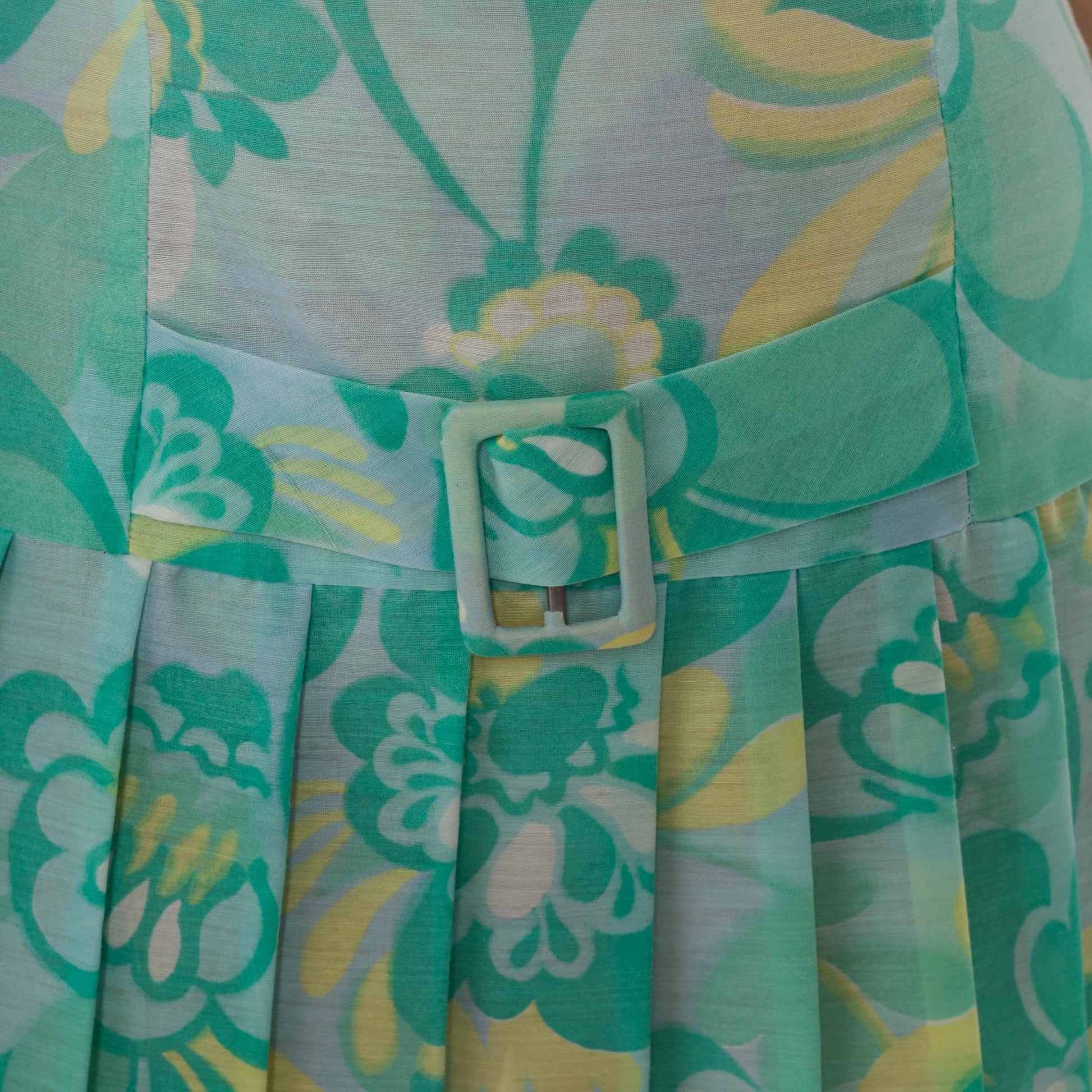 60s Mod Floral Drop Waist Dress Turquoise Peter Pan Collar Pleated Small