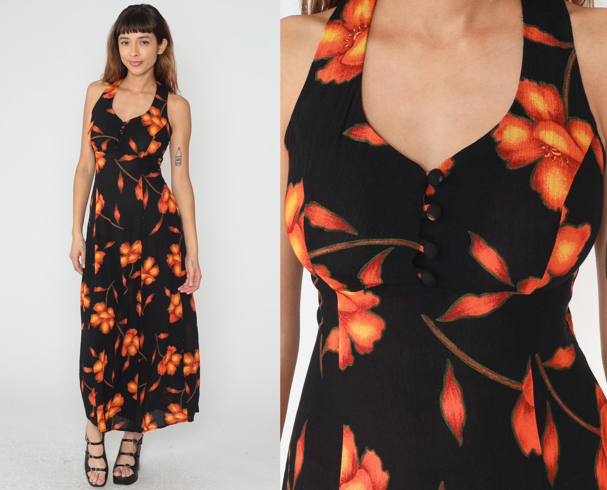 90s Black Floral Maxi Dress Halter Bustier Cross Back Medium