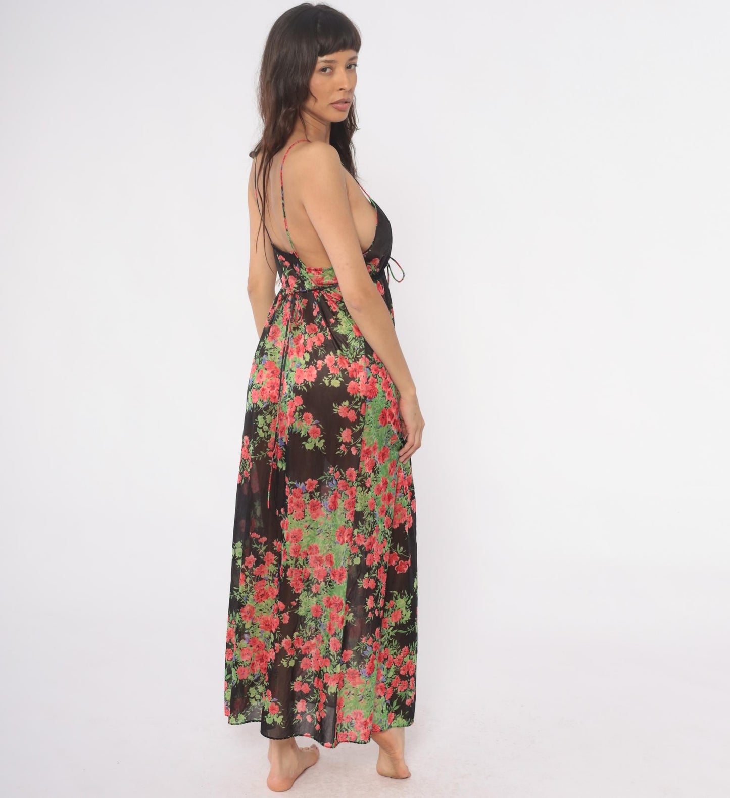 70s Black Floral Maxi Slip Dress Empire Waist V-Neck Spaghetti Strap Small