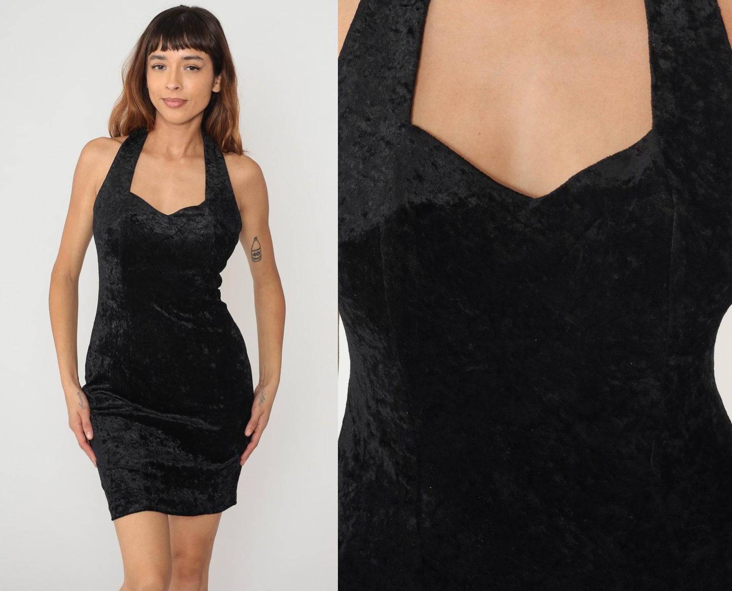 90s All That Jazz Black Velvet Halter Mini Dress Bodycon Medium M