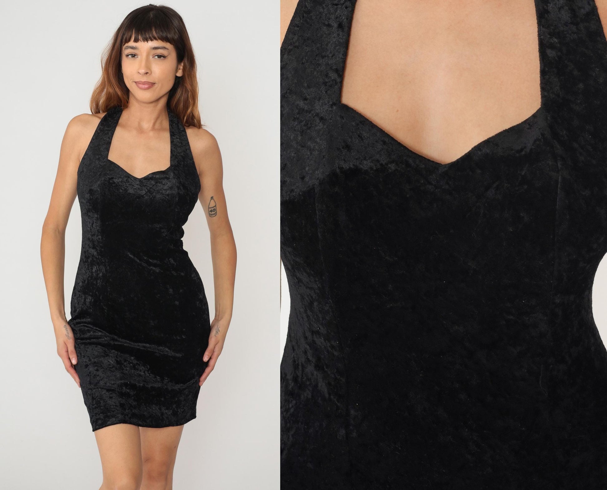 90s All That Jazz Black Velvet Halter Mini Dress Bodycon Medium M