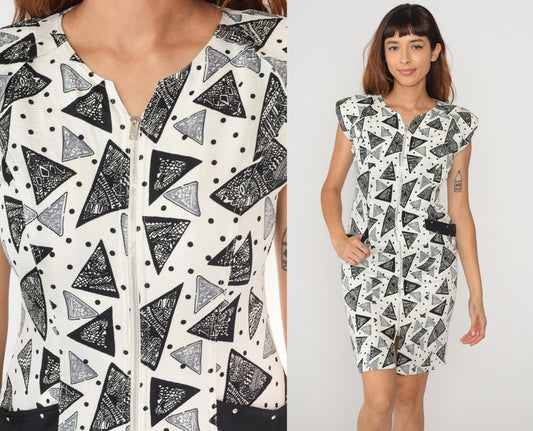 Y2K Gimo's White Mini Dress Triangle Geometric Print Zip Front Small S