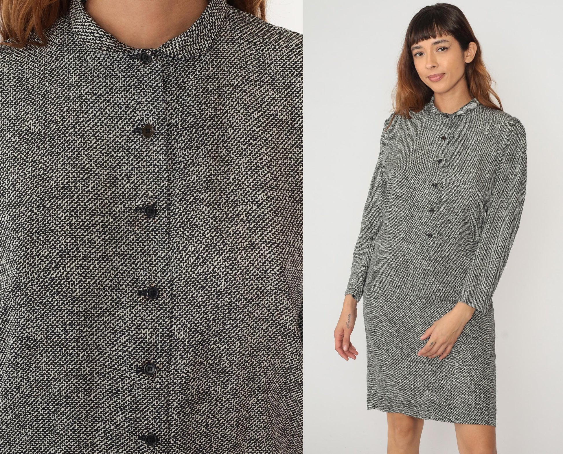 80s Claire Barrat Black White Tweed Shirt Dress Knee Length Collared Large