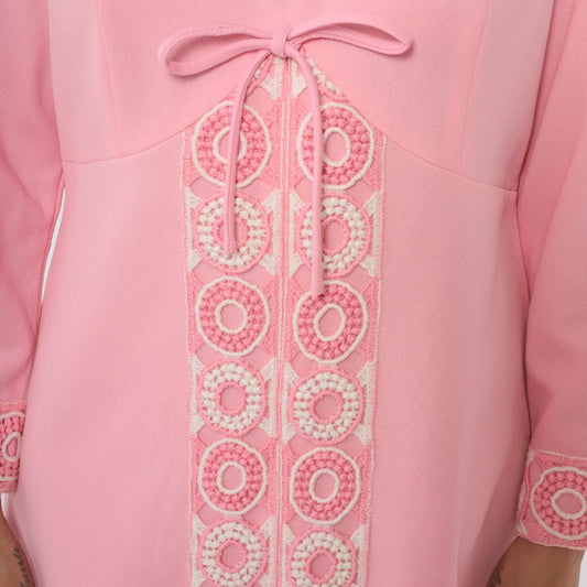 70s Pink Mini Shift Dress Long Sleeve Embroidered Mock Neck Large L