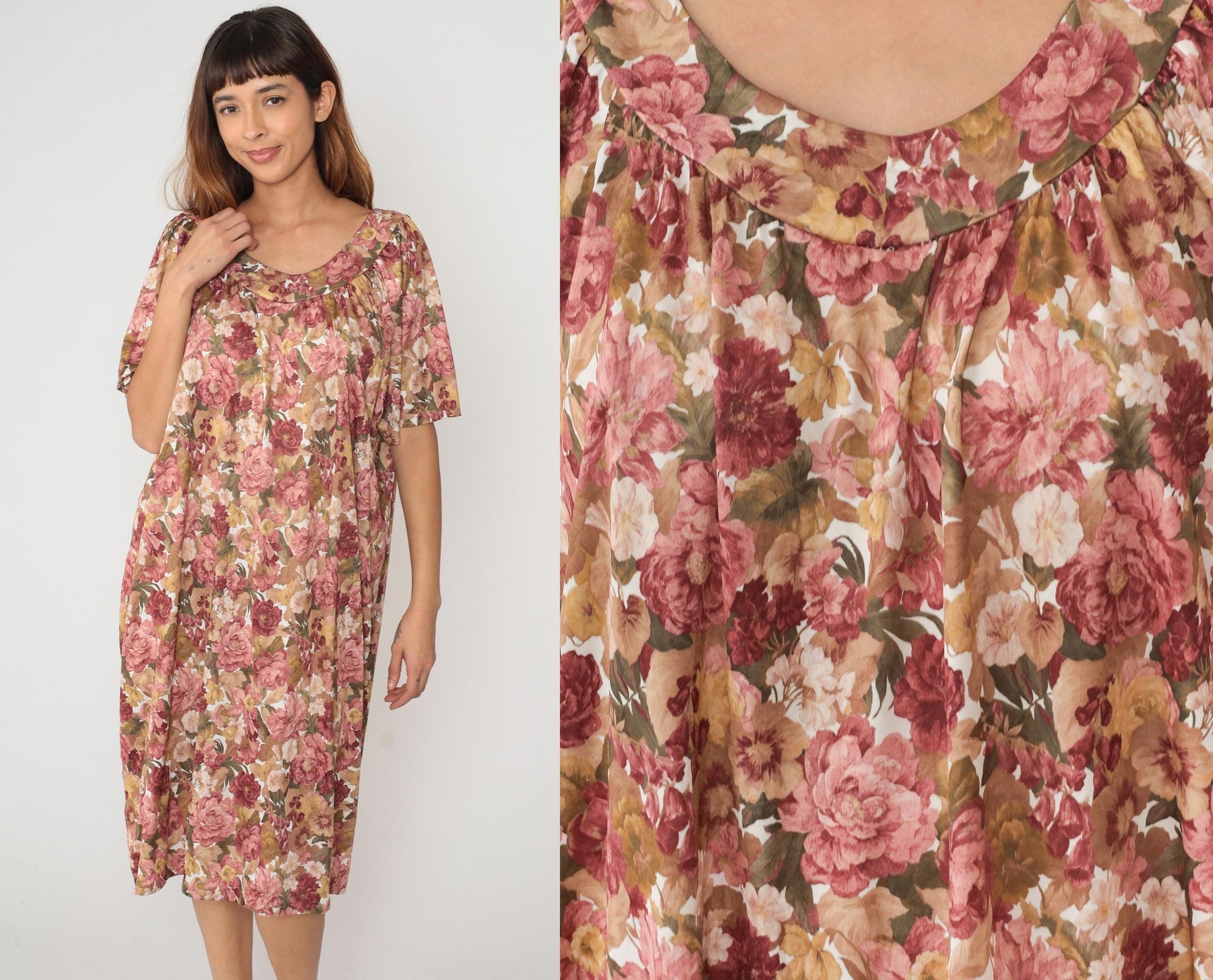 80s Floral Muumuu Dress Pink Burgundy Flutter Sleeve Scoop Neck Large