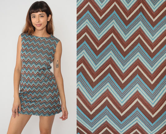 Y2K Chevron Mini Dress Turquoise Brown Cream Shift Sleeveless Small