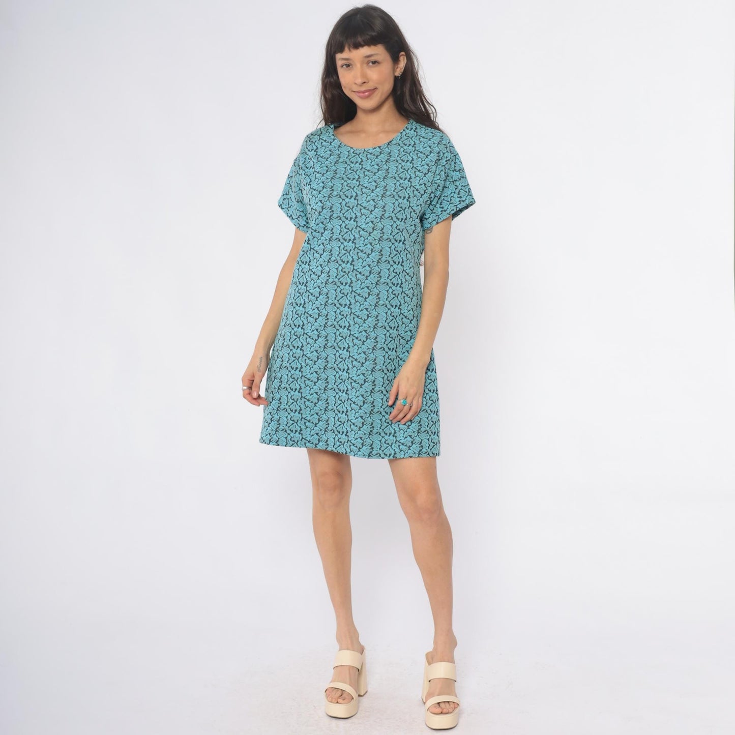 1960s Turquoise Shift Dress Black Floral Damask Print Mini Short Sleeve Large L