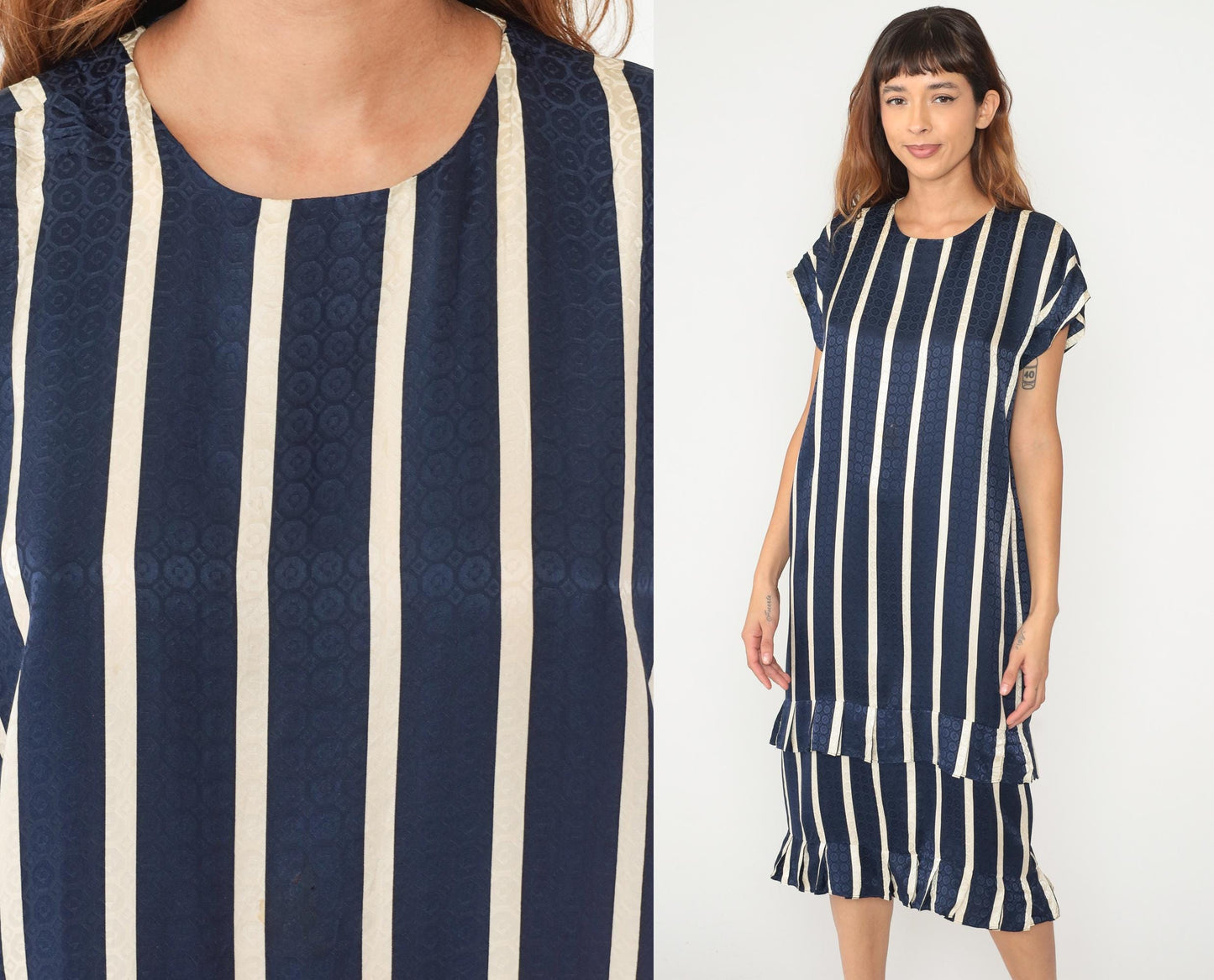 90s Maggy London Silk Striped Shift Dress Navy Cream Geometric Medium