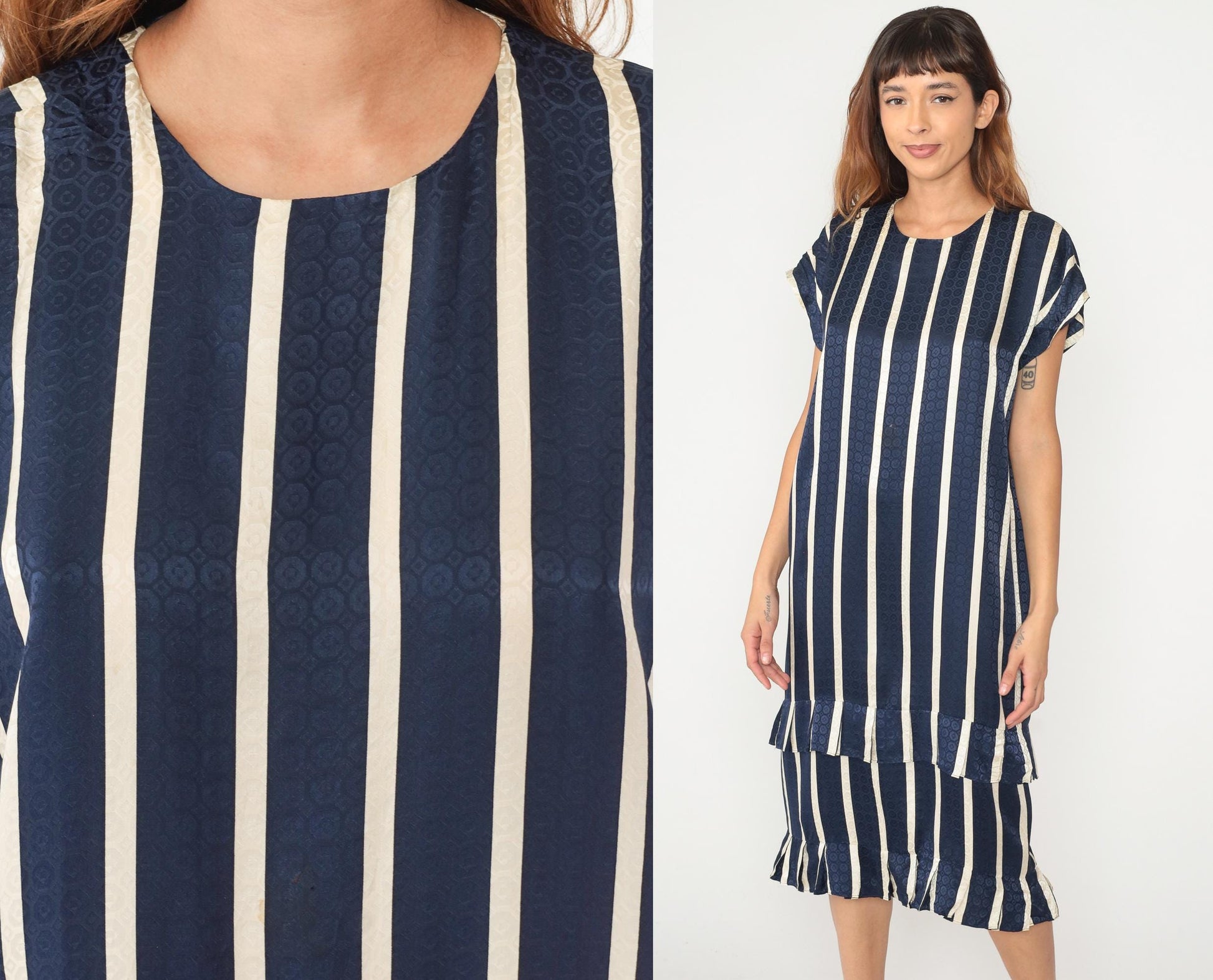 90s Maggy London Silk Striped Shift Dress Navy Cream Geometric Medium