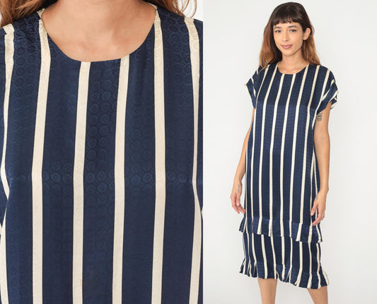 90s Maggy London Silk Striped Shift Dress Navy Cream Geometric Medium