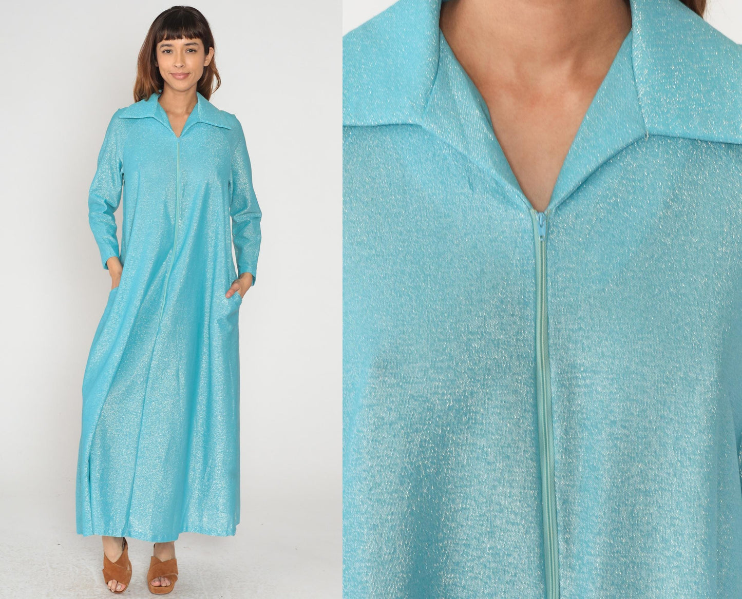 70s Aristique Turquoise Metallic Maxi Robe Zip Front Collared Loungewear Large L