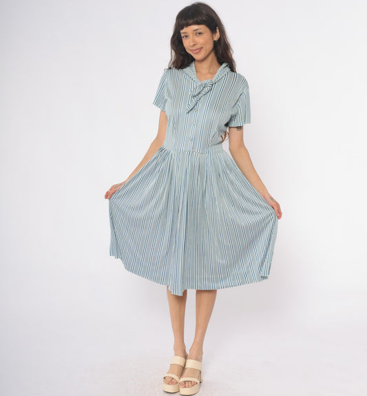 60s Nancy Greer Striped Midi Dress Blue White Mod Button Front Medium
