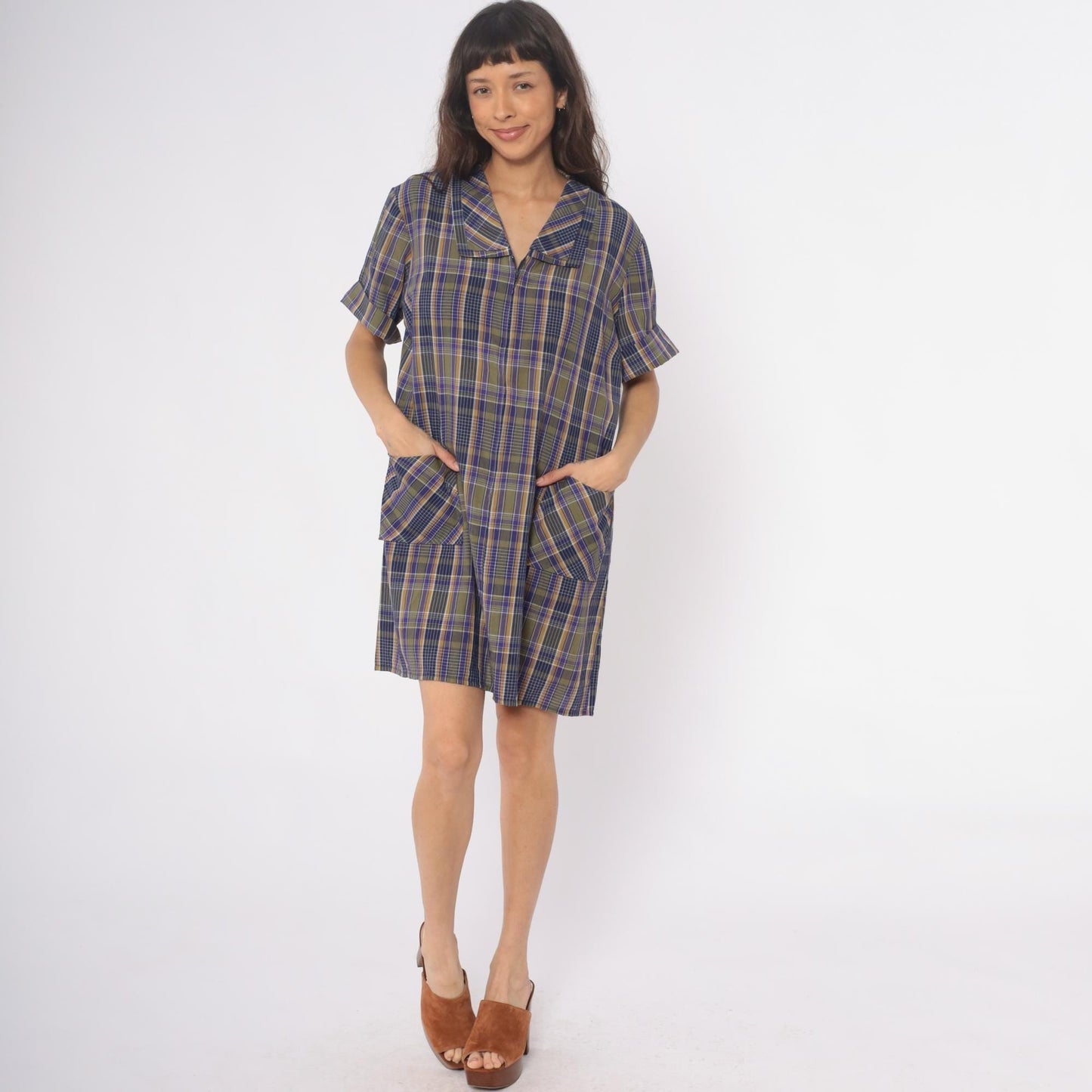 80s Zip N Dash Plaid Shift Dress Collared Pockets Navy Olive Extra Large