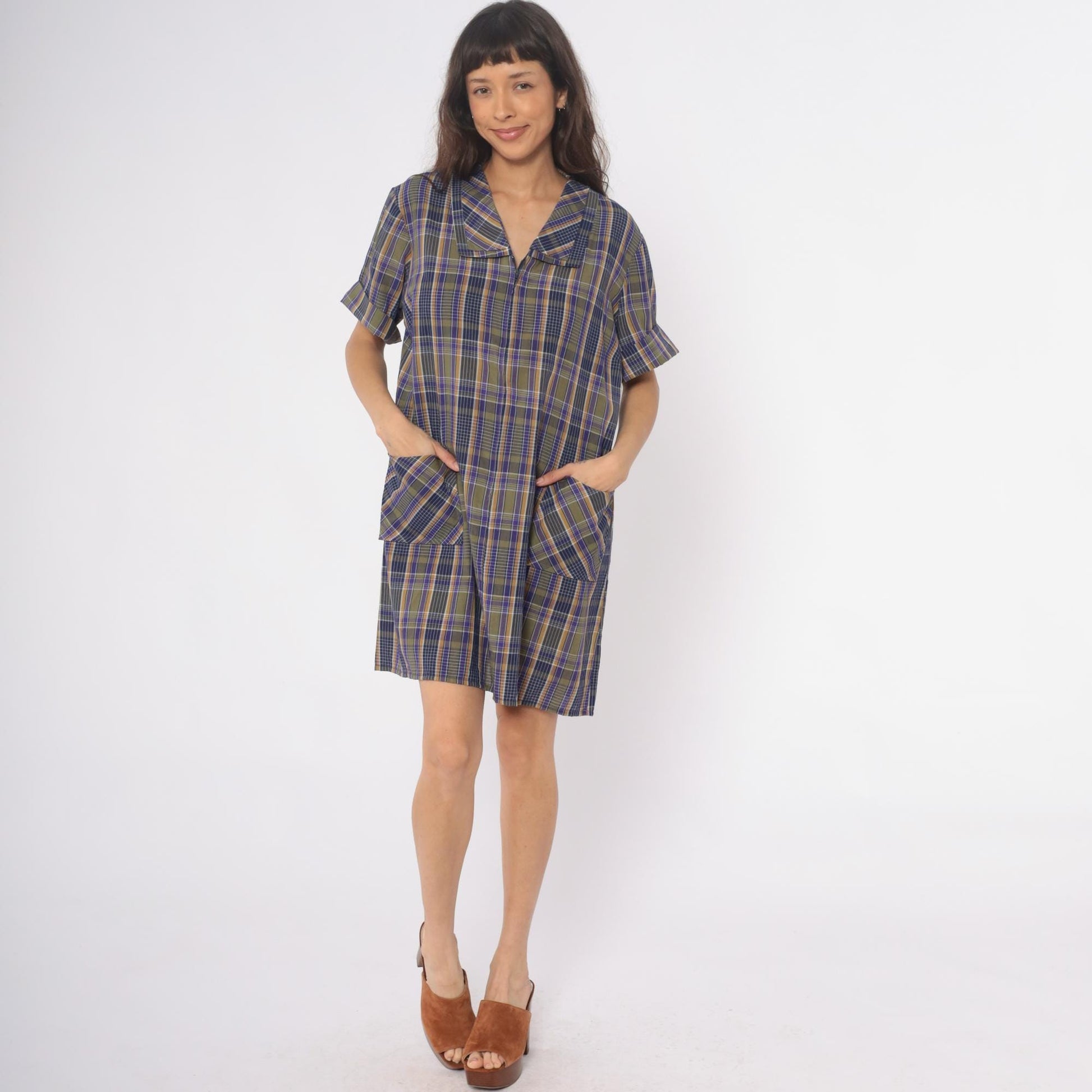 80s Zip N Dash Plaid Shift Dress Collared Pockets Navy Olive Extra Large