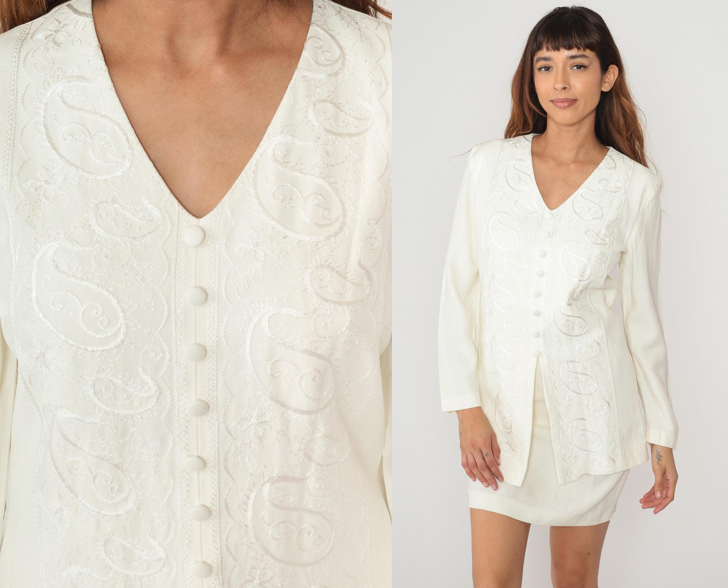 90s Dani Max Embroidered White Tunic Dress V-Neck Button Front Medium