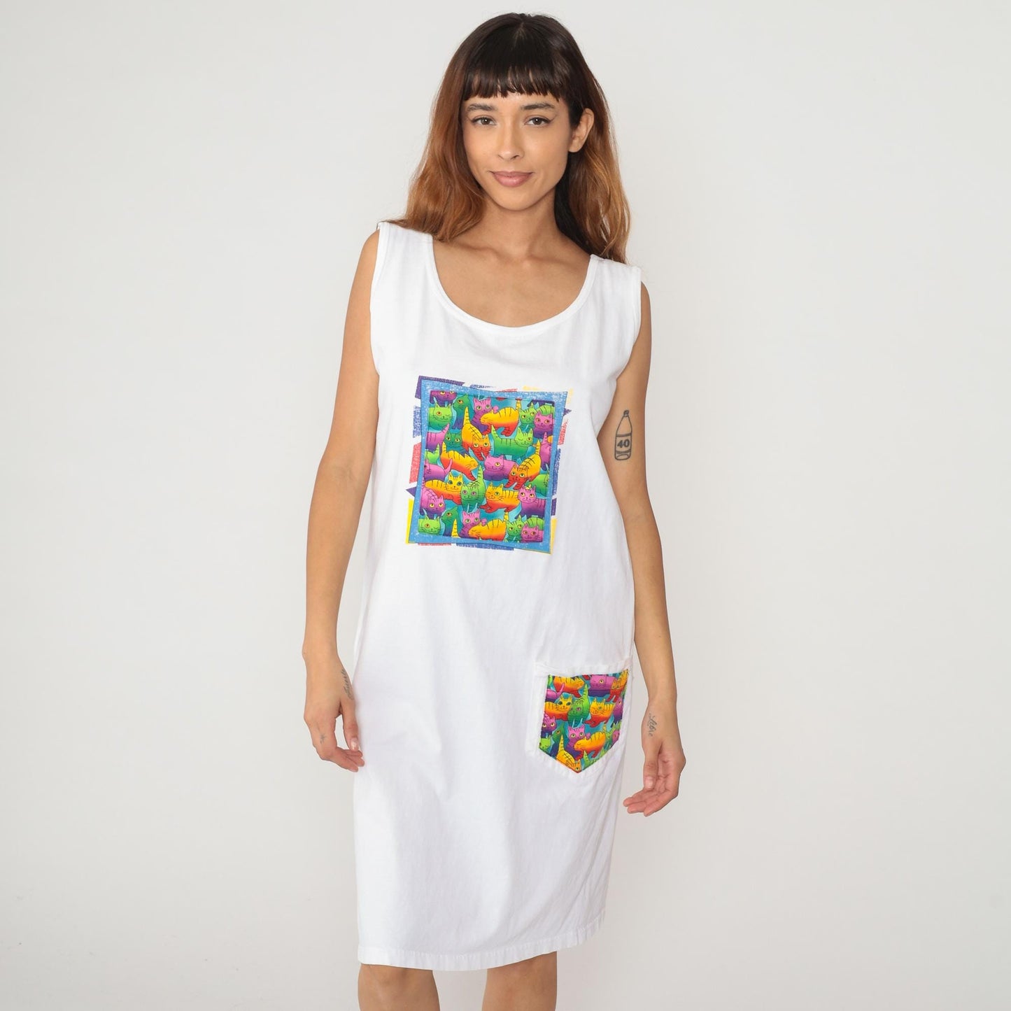 90s Rainbow Kitties Tank Dress White Cotton Knee-Length Graphic Large L