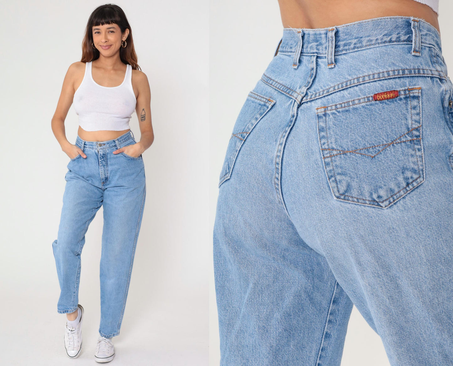 90s Bonjour High Waisted Mom Jeans Light Wash Tapered Denim Medium