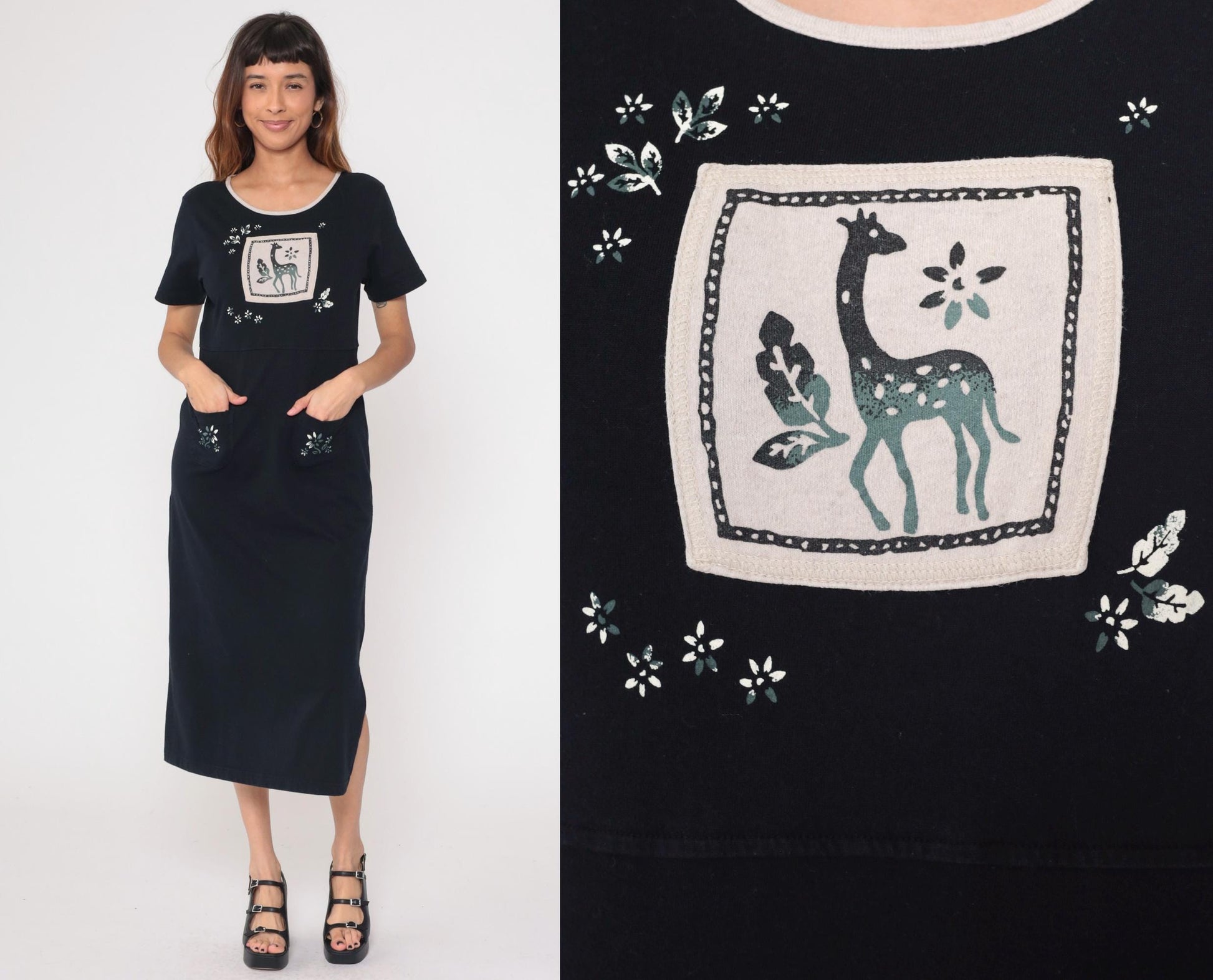 90s Black Cotton Giraffe Appliqué Midi Dress Embroidered Floral Medium M
