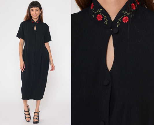 90s SL Fashions Black Midi Dress Mandarin Collar Embroidered Floral Keyhole Large L