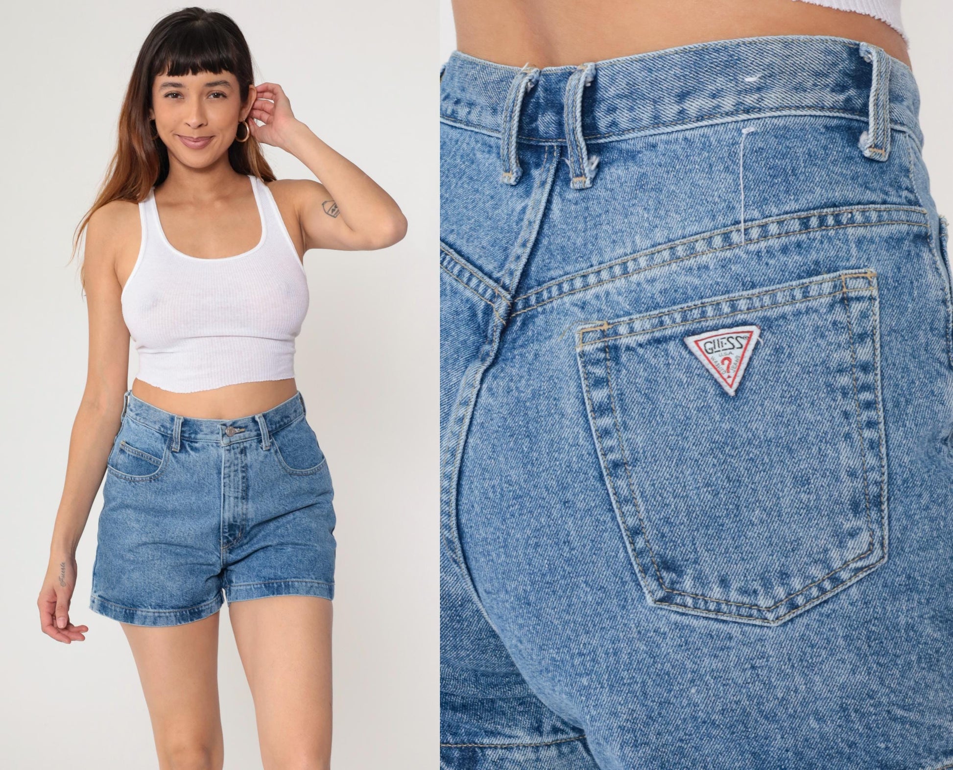 90s Guess Light Blue Denim Shorts High Waisted Button Fly Size 30