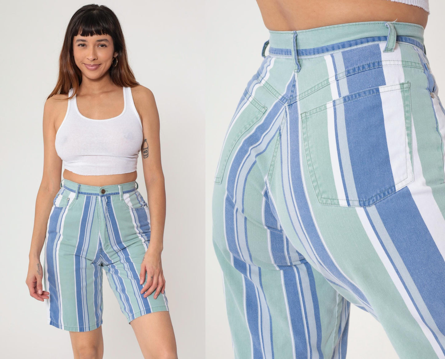 Y2K Anchor Blue Striped Bermuda Shorts High Waist Cotton Small S