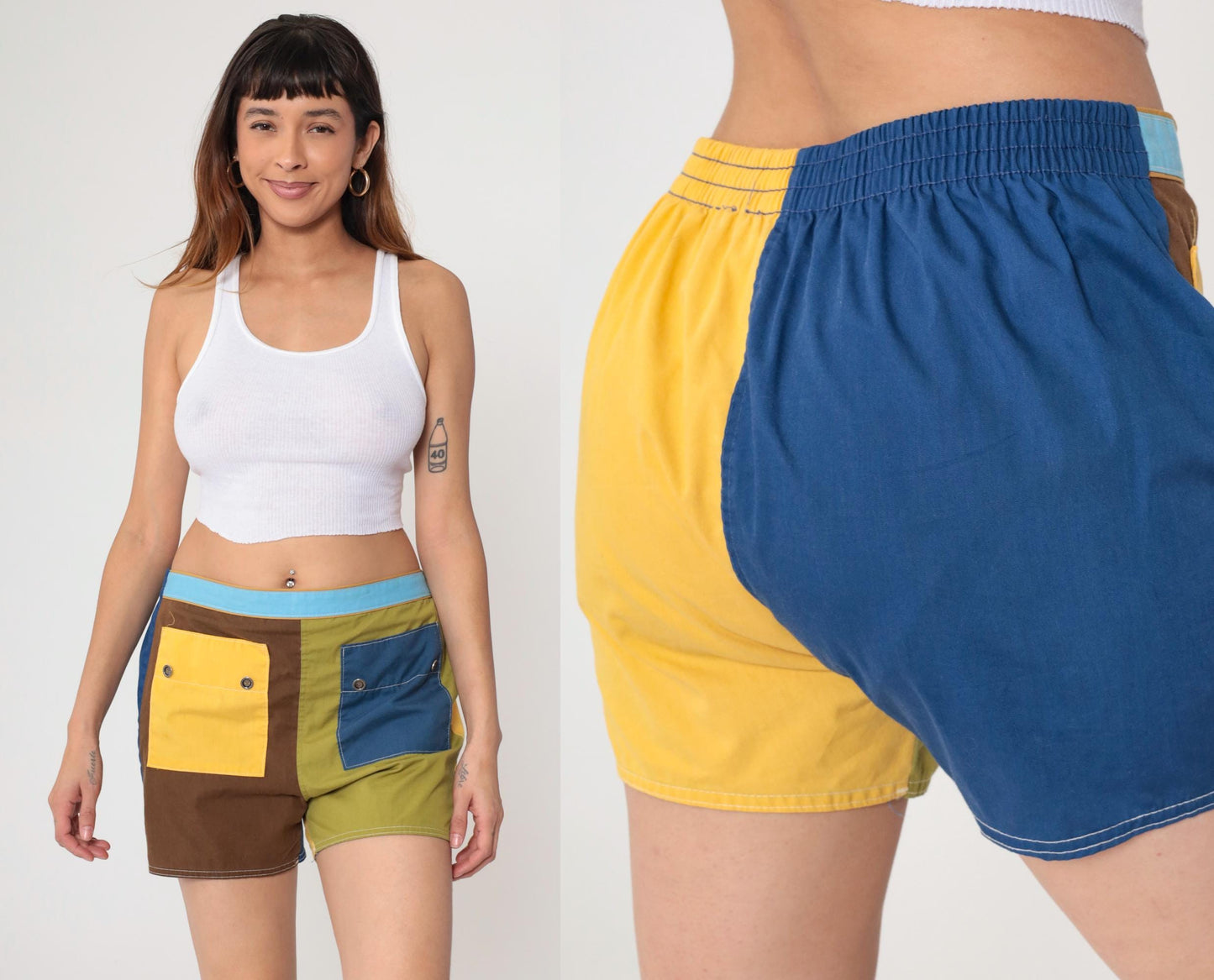 80s Colorblock Shorts Yellow Navy Brown Chartreuse High Waist Cotton Medium