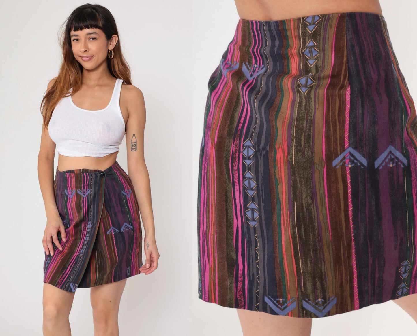 90s Fox & Hound Striped Cotton Mini Wrap Skirt Geometric Purple Pink Medium