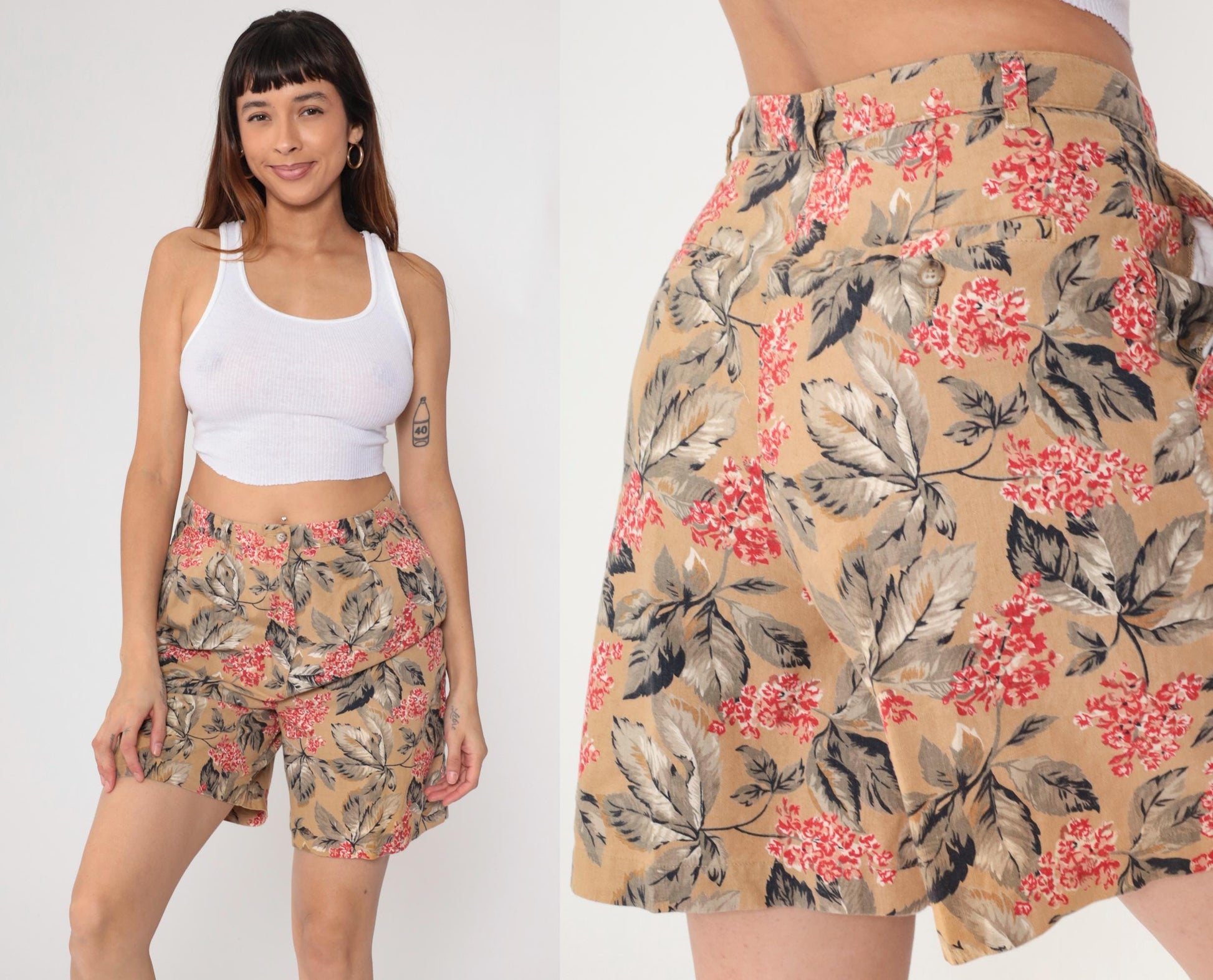 Y2K Jones New York Floral Shorts High Waisted Pleated Linen Tan Large L