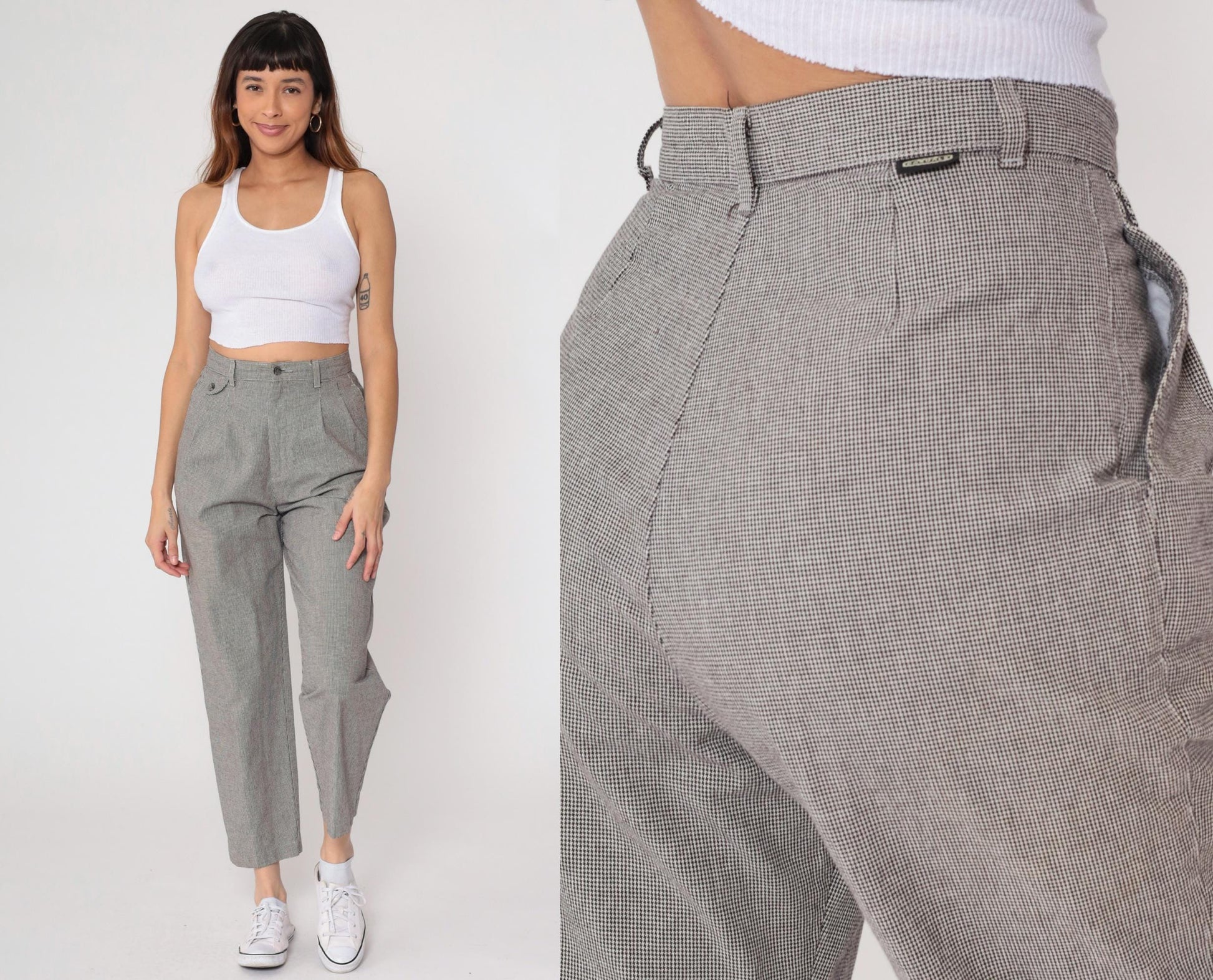 80s Lee Casuals Gray Houndstooth High Waist Tapered Ankle Trousers 29