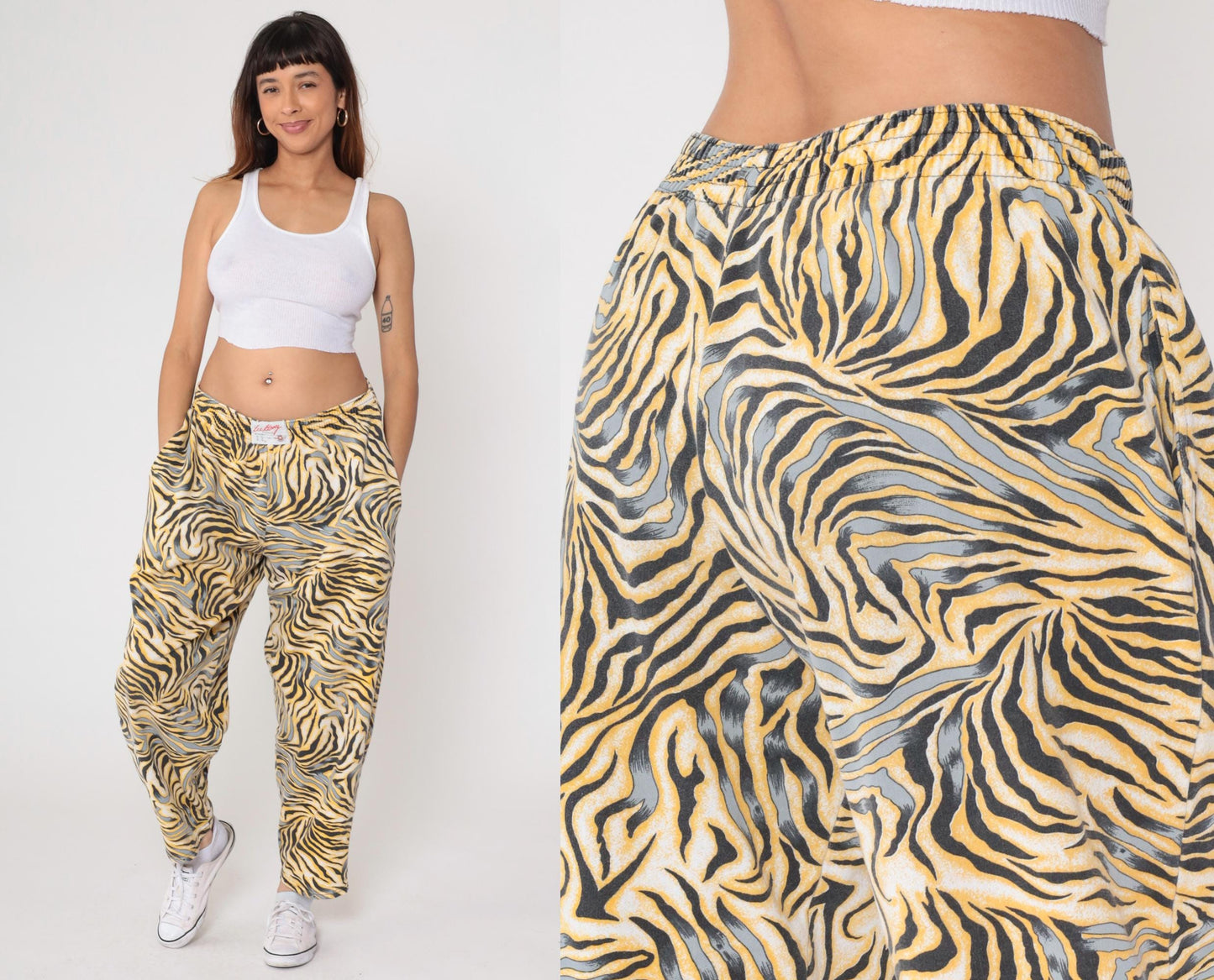 90s Body Bizz Abstract Tiger Print Pants Yellow Gold Black Large L