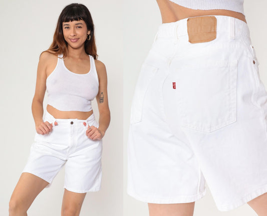 90s Levi's 551 White Denim Shorts High Rise Relaxed Fit Medium M