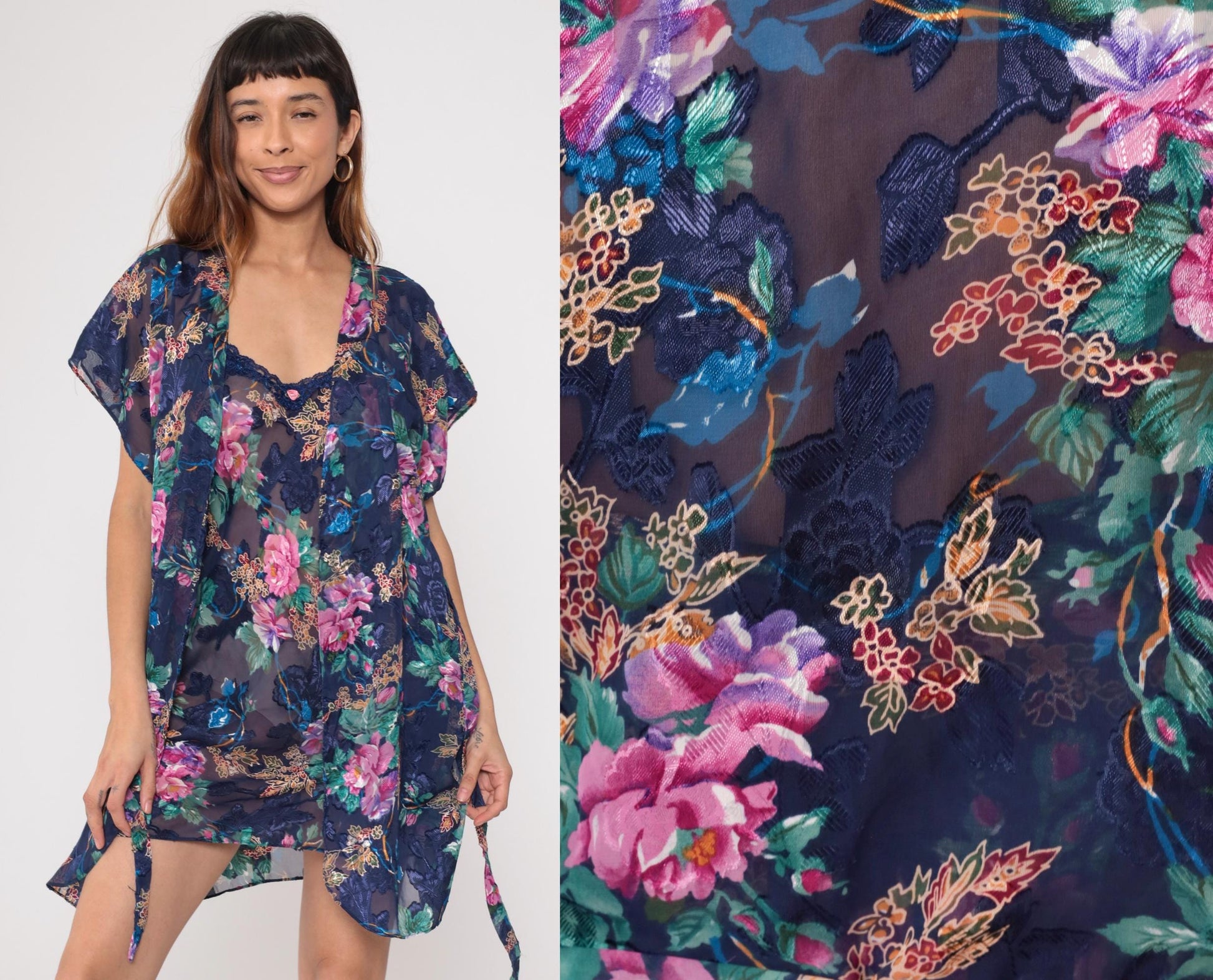 90s Navy Floral Kimono Robe Pink Purple Blue Green Flowers Wrap Tie Lingerie Large
