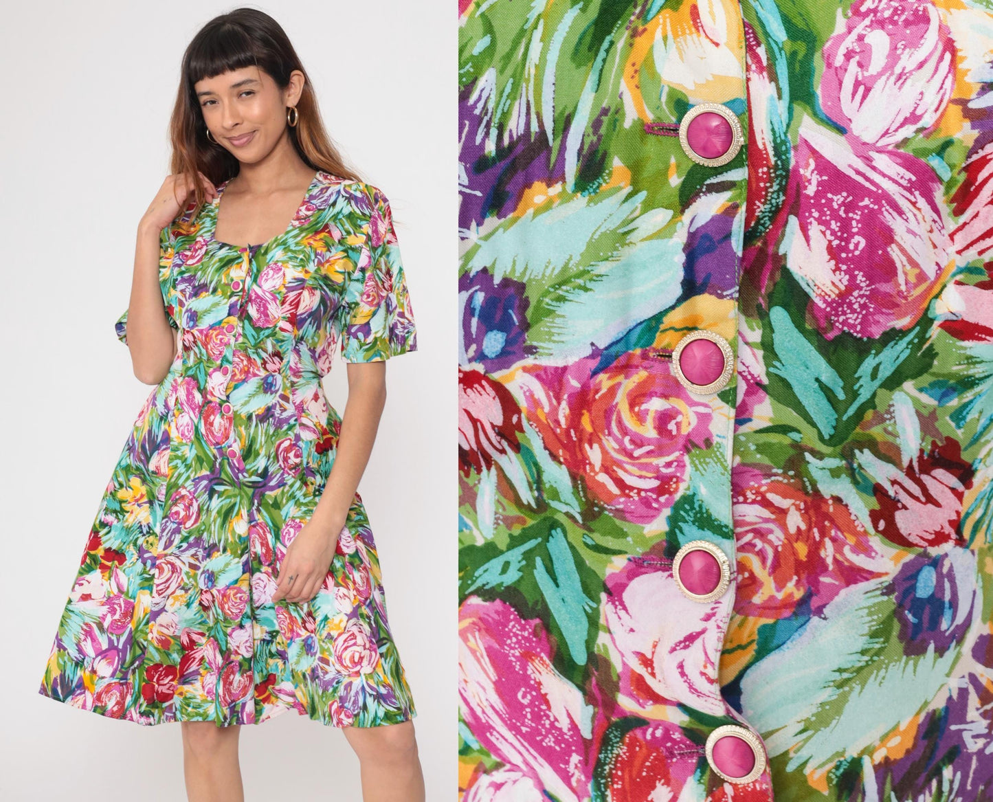 90s Floral Sundress Puff Sleeve Multicolor Watercolor Button Front Medium
