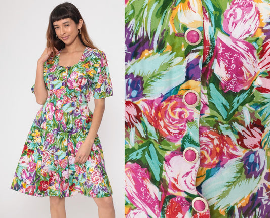90s Floral Sundress Puff Sleeve Multicolor Watercolor Button Front Medium