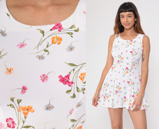 90s Benson and Smith Floral Mini Dress White Pink Orange Small