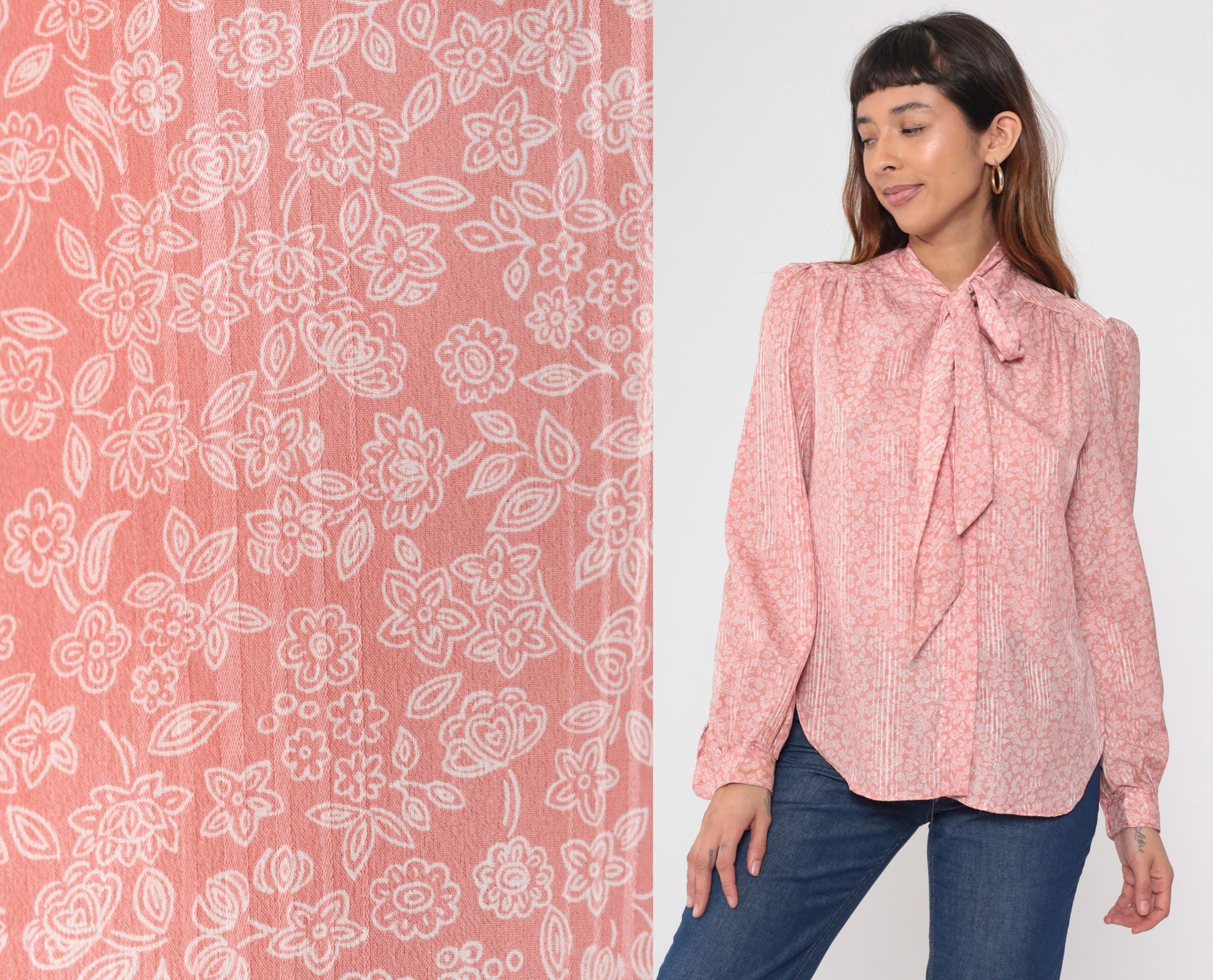 80s Evan Picone Pink Floral Bow Blouse Long Sleeve Medium M