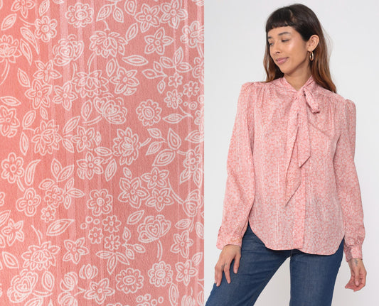 80s Evan Picone Pink Floral Bow Blouse Long Sleeve Medium M
