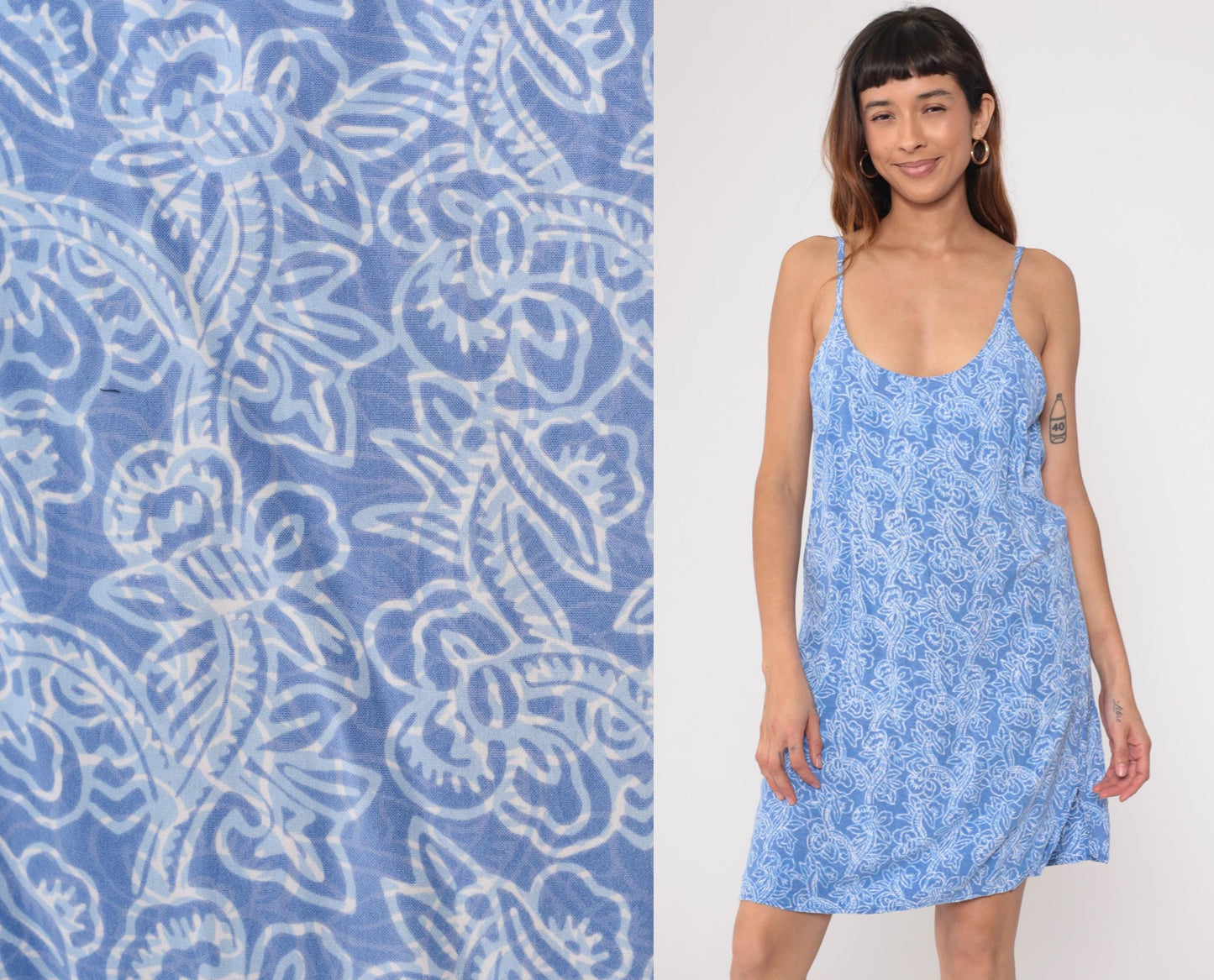 90s Blue Ginger Slip Dress Floral Print Spaghetti Strap Small
