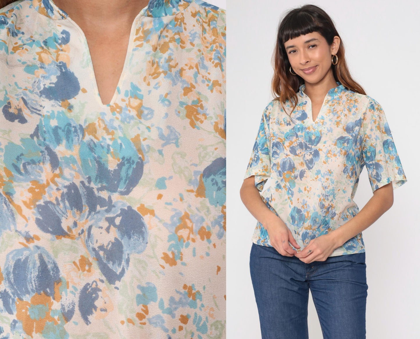 70s Floral Blouse Watercolor Print Blue Cream Sage Mandarin Collar Medium M