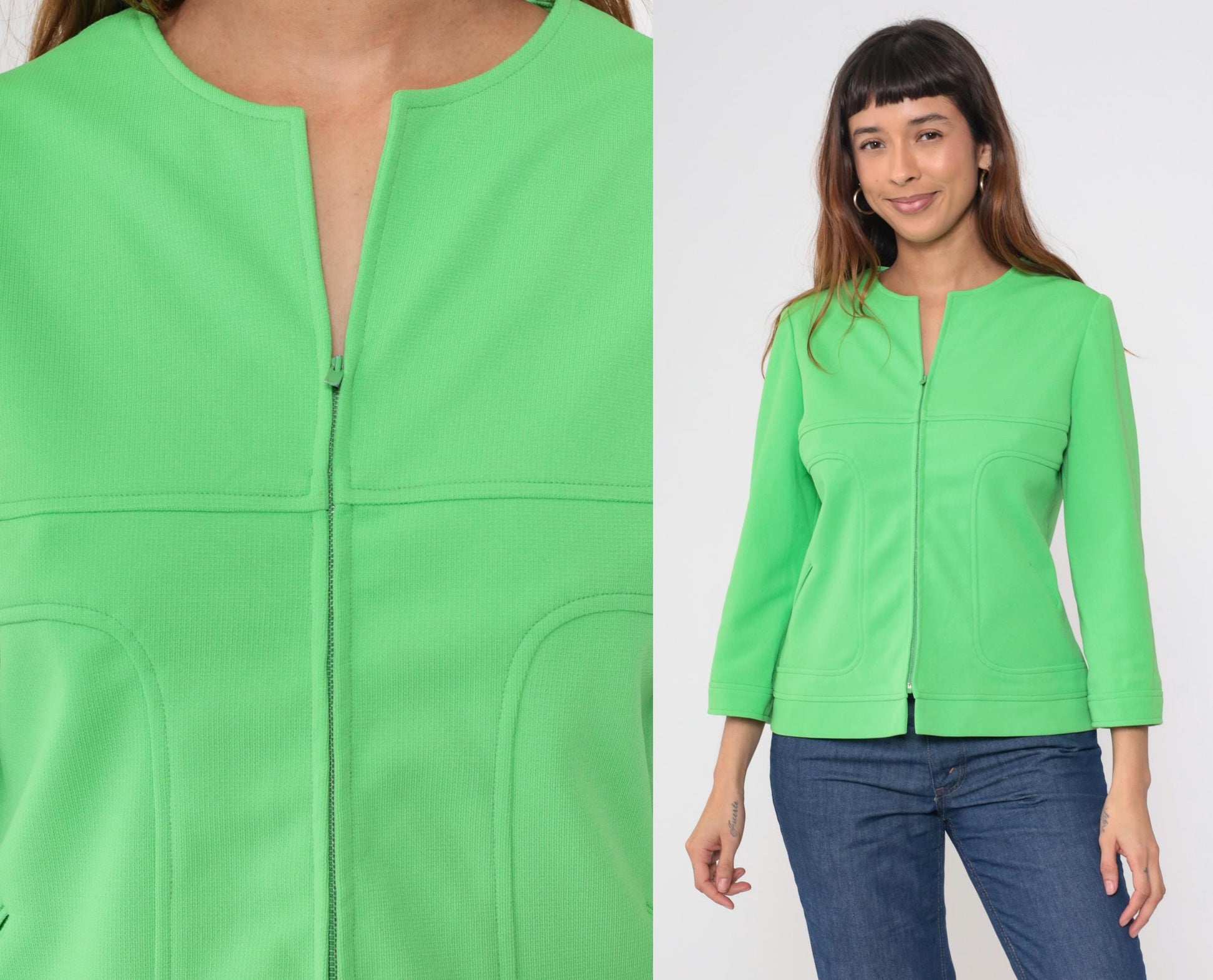 70s Lime Green Zip-Front Jacket Collarless Mod Blazer Medium M