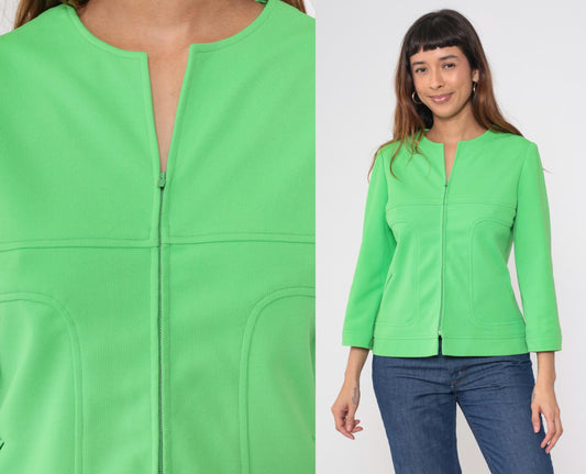 70s Lime Green Zip-Front Jacket Collarless Mod Blazer Medium M