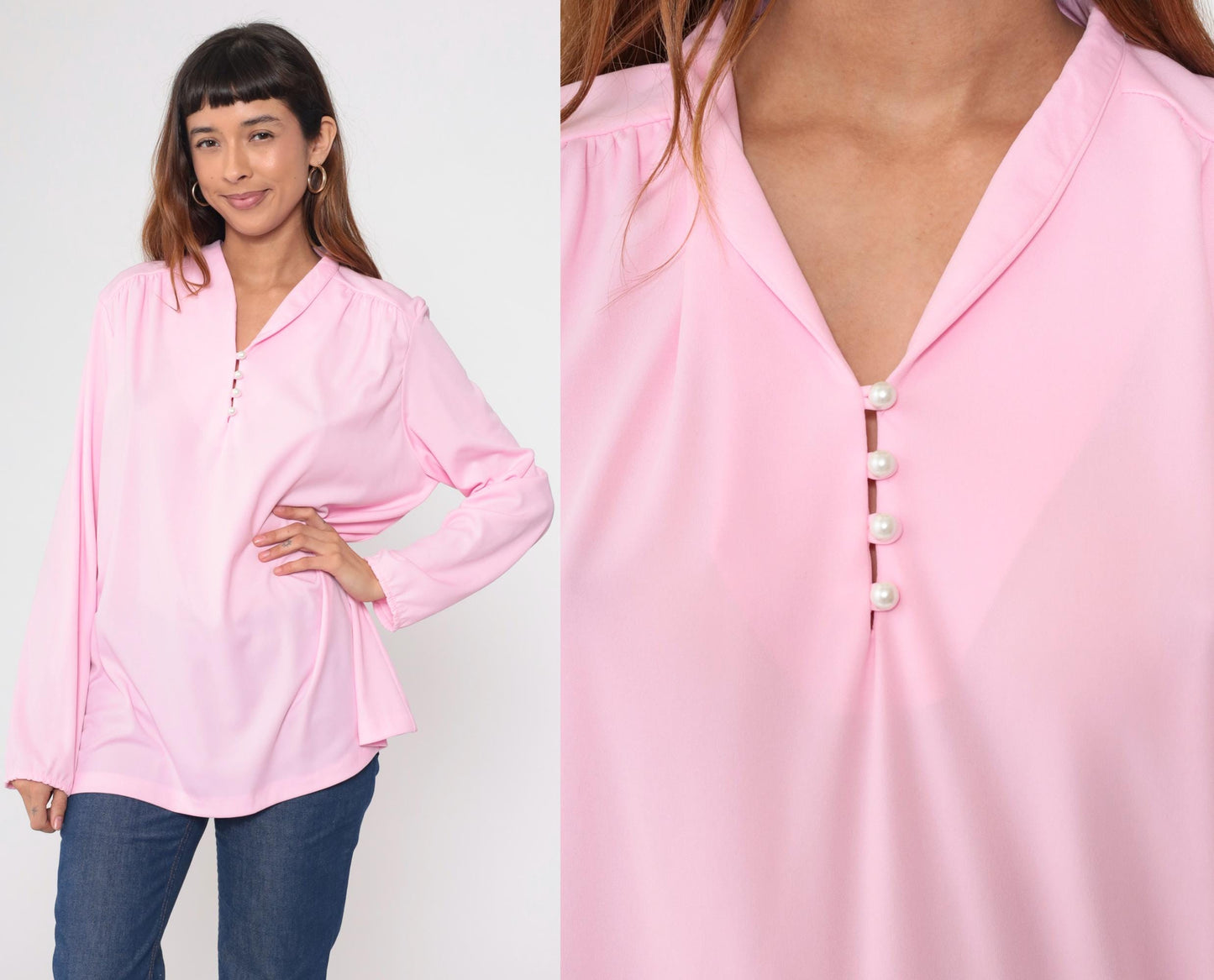 70s Pink Pearl Button Collared Blouse Gathered Shoulders Extra Large