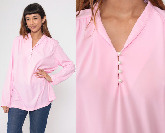 70s Pink Pearl Button Collared Blouse Gathered Shoulders Extra Large