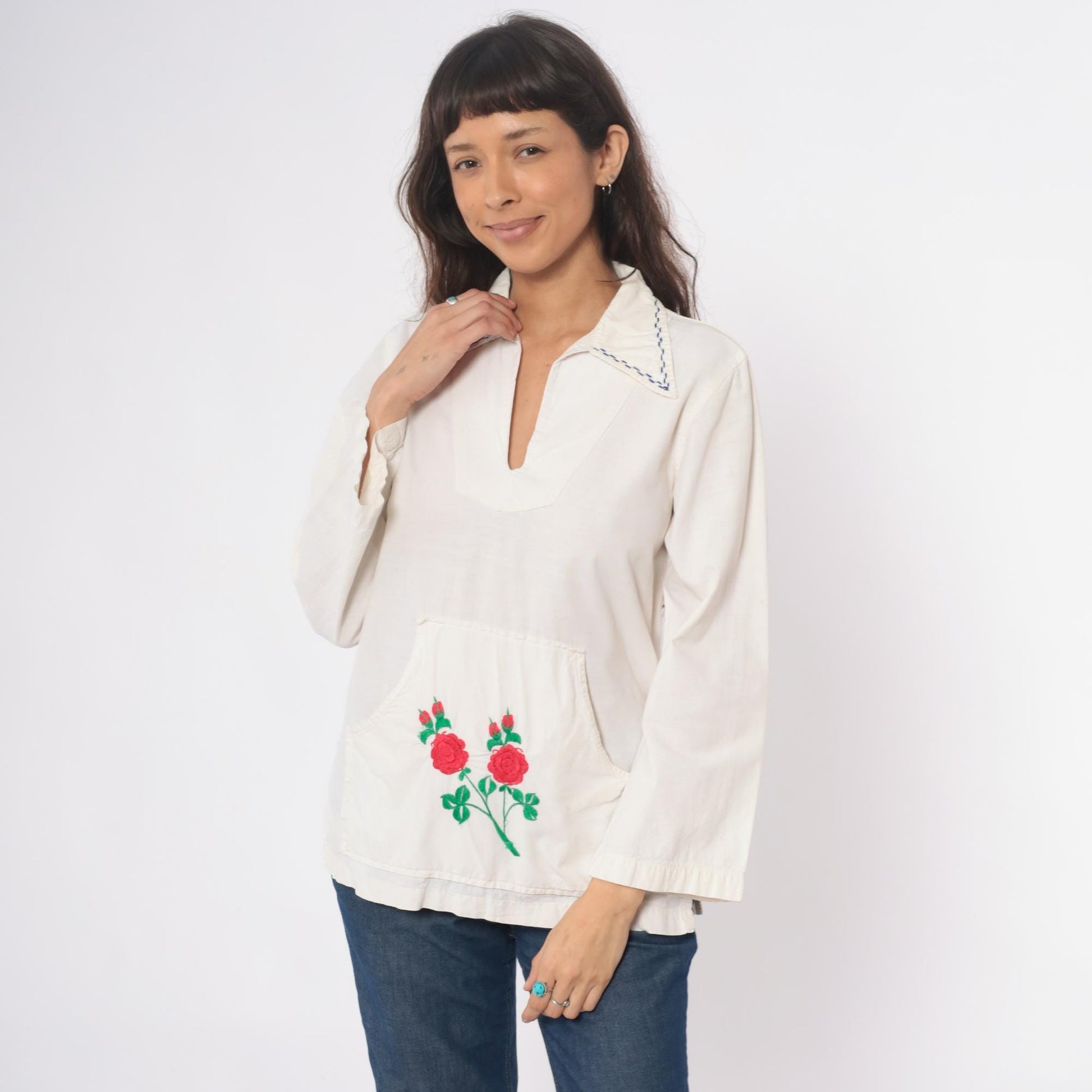 70s Cream Embroidered Rose Tunic Cotton Peasant Blouse Medium M