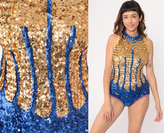 80s Gold Blue Sequin Flame Bodysuit Mock Neck Sleeveless Medium Large