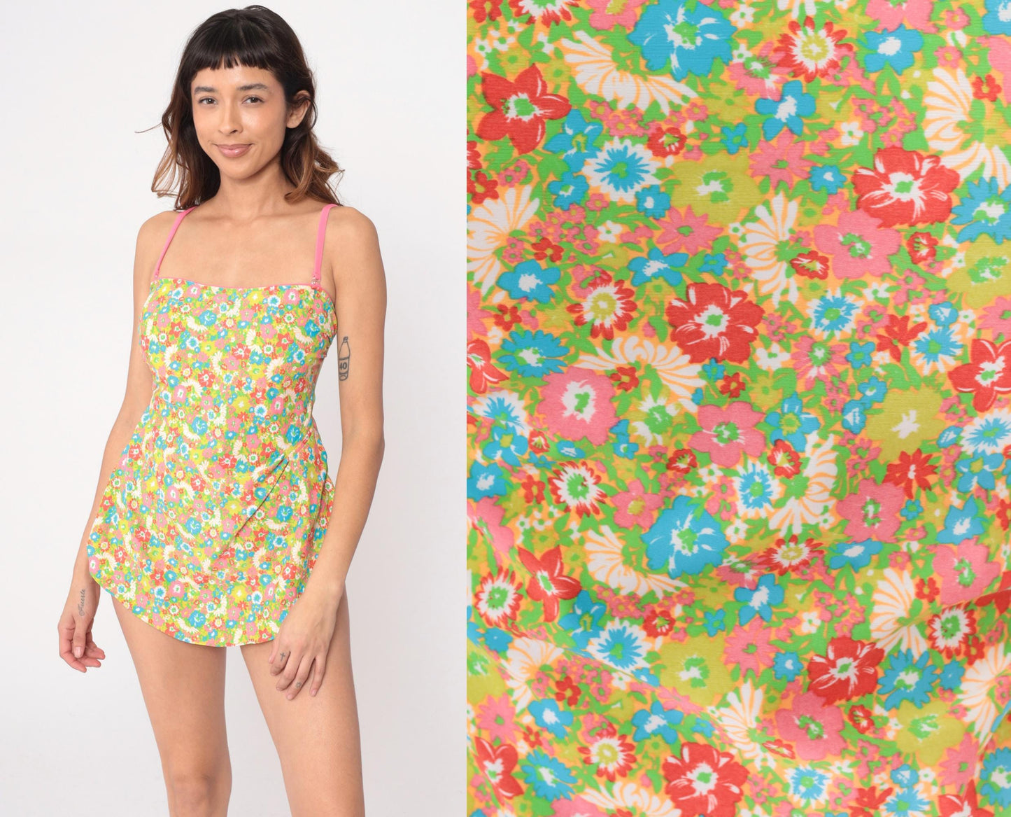 80s Sea Waves Floral One-Piece Swimsuit Skirted Halter Multicolor Large