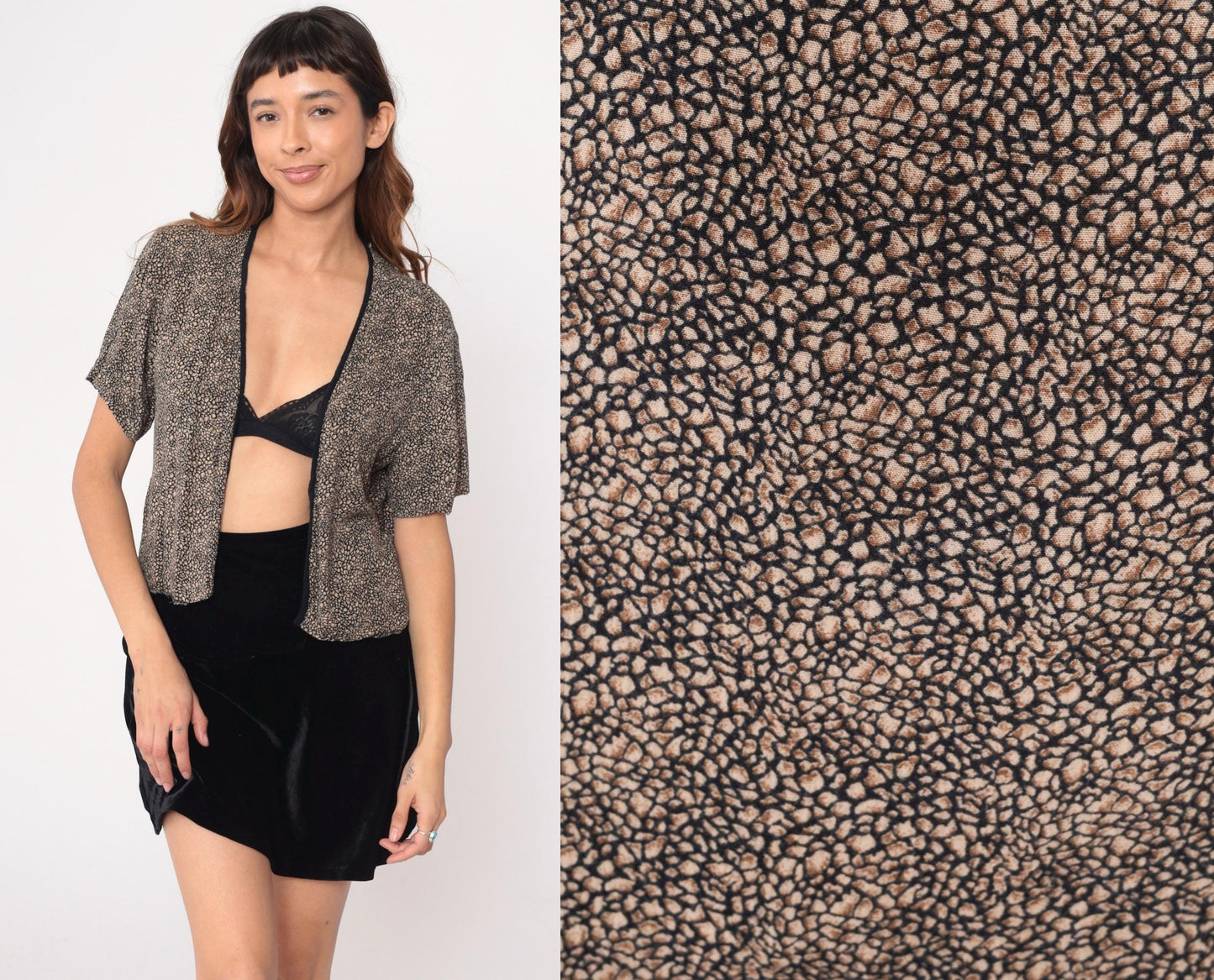 90s Leopard Print Cropped Cardigan Shrug Black Tan Open Front Medium